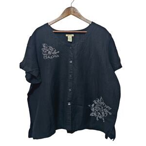 Islander Button-Up Linen Blend Shirt Sz 2X  Floral Embroidered Lagenlook Boho